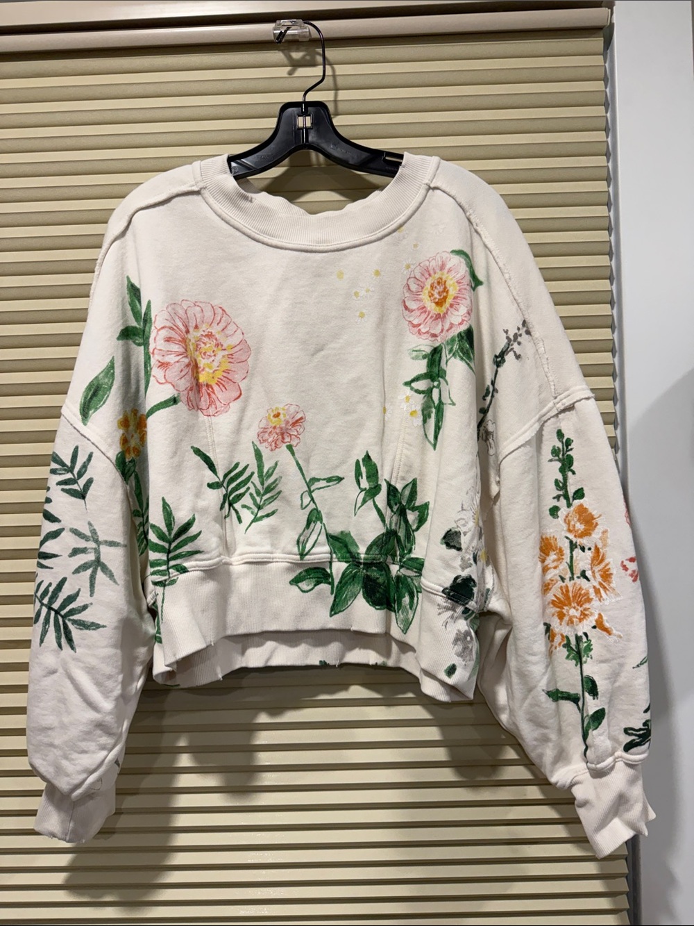 Free People Cream Cropped Sweatshirt with Pink & Green Floral Print